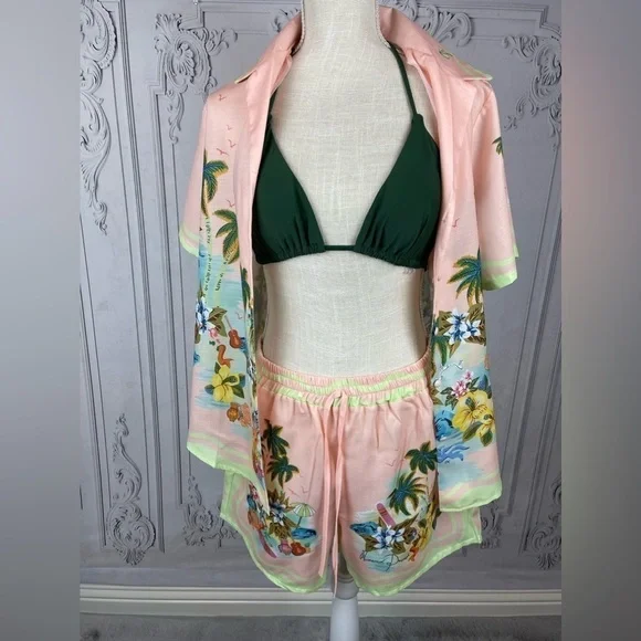Cocomo Island Loose Fit Casual Shorts Set Single-Breasted Tropical Top - Picture 7 of 16